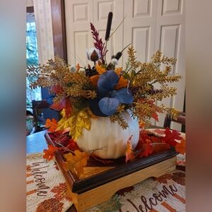 Handmade small white pumpkin arrangement.